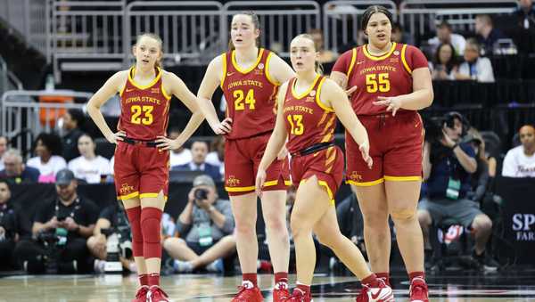 KANSAS CITY, MO - MARCH 11: Iowa State Cyclones Kelsey Joens (23), Addy Brown (24), Kelsey Joens (23) and Audi Crooks (55) coming out of a timeout during a women's Big 12 tournament semifinal game between the Iowa State Cyclones and Oklahoma Sooners on Mar 11, 2024 at T-Mobile Center in Kansas City, MO. (Photo by Scott Winters/Icon Sportswire via Getty Images)