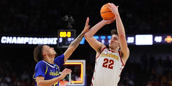 OMAHA,&#x20;NEBRASKA&#x20;-&#x20;MARCH&#x20;21&#x3A;&#x20;Milan&#x20;Momcilovic&#x20;&#x23;22&#x20;of&#x20;the&#x20;Iowa&#x20;State&#x20;Cyclones&#x20;shoots&#x20;the&#x20;ball&#x20;against&#x20;Zeke&#x20;Mayo&#x20;&#x23;2&#x20;of&#x20;the&#x20;South&#x20;Dakota&#x20;State&#x20;Jackrabbits&#x20;during&#x20;the&#x20;first&#x20;half&#x20;in&#x20;the&#x20;first&#x20;round&#x20;of&#x20;the&#x20;NCAA&#x20;Men&amp;apos&#x3B;s&#x20;Basketball&#x20;Tournament&#x20;at&#x20;CHI&#x20;Health&#x20;Center&#x20;on&#x20;March&#x20;21,&#x20;2024&#x20;in&#x20;Omaha,&#x20;Nebraska.&#x20;&#x28;Photo&#x20;by&#x20;Michael&#x20;Reaves&#x2F;Getty&#x20;Images&#x29;