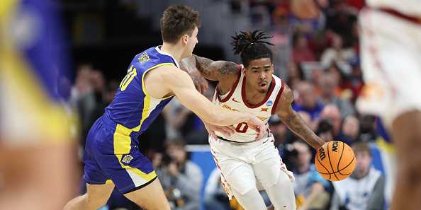 OMAHA,&#x20;NEBRASKA&#x20;-&#x20;MARCH&#x20;21&#x3A;&#x20;Keshon&#x20;Gilbert&#x20;&#x23;10&#x20;of&#x20;the&#x20;Iowa&#x20;State&#x20;Cyclones&#x20;drives&#x20;to&#x20;the&#x20;basket&#x20;against&#x20;Kalen&#x20;Garry&#x20;&#x23;10&#x20;of&#x20;the&#x20;South&#x20;Dakota&#x20;State&#x20;Jackrabbits&#x20;during&#x20;the&#x20;second&#x20;half&#x20;in&#x20;the&#x20;first&#x20;round&#x20;of&#x20;the&#x20;NCAA&#x20;Men&amp;apos&#x3B;s&#x20;Basketball&#x20;Tournament&#x20;at&#x20;CHI&#x20;Health&#x20;Center&#x20;on&#x20;March&#x20;21,&#x20;2024&#x20;in&#x20;Omaha,&#x20;Nebraska.&#x20;&#x28;Photo&#x20;by&#x20;Jamie&#x20;Squire&#x2F;Getty&#x20;Images&#x29;