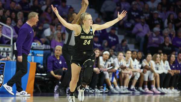 MANHATTAN, KS - MARCH 24: Maddie Nolan (24) raises her hands after making a three in the second quarter of the Colorado Buffaloes versus Kansas State Wildcats game in the second round of the NCAA Division I Women's Championship on Mar 24, 2024 at Bramlage Coliseum in Manhattan, KS. (Photo by Scott Winters/Icon Sportswire via Getty Images)