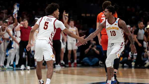 BOSTON, MA - MARCH 28: Iowa State Cyclones guard Keshon Gilbert (10)] congratulates Iowa State Cyclones guard Curtis Jones (5) on a three during an NCAA Sweet Sixteen game between the Iowa State Cyclones and the Illinois Fighting Illini on March 28, 2024, at TD Garden in Boston, Massachusetts. (Photo by Fred Kfoury III/Icon Sportswire via Getty Images)