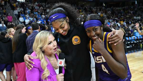 ALBANY, NEW YORK - MARCH 30: Angel Reese #10 of the LSU Lady Tigers and Flau'jae Johnson #4 of the LSU Lady Tigers are interviewed following a win over the UCLA Bruins during the Sweet Sixteen round of the 2024 NCAA Women's Basketball Tournament held at MVP Arena on March 30, 2024 in Albany, New York. (Photo by Greg Fiume/NCAA Photos via Getty Images)