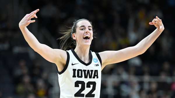 ALBANY, NEW YORK - MARCH 30: Caitlin Clark #22 of the Iowa Hawkeyes reacts after a three pointer against the Colorado Buffaloes during the Sweet Sixteen round of the 2024 NCAA Women's Basketball Tournament held at MVP Arena on March 30, 2024 in Albany, New York. (Photo by Greg Fiume/NCAA Photos via Getty Images)