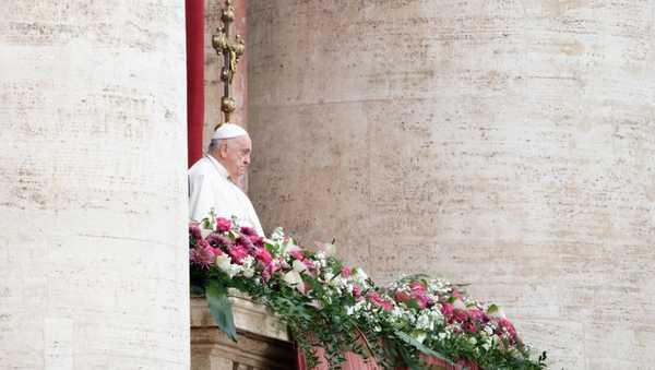 Pope Francis is delivering his Urbi Et Orbi Blessing from the balcony overlooking St. Peter's Square in Vatican City, Vatican, on March 31, 2024. Following the Easter Sunday Mass, Pope Francis is delivering his Easter message and blessing ''To the City and the World,'' praying especially for the Holy Land, Ukraine, Myanmar, Syria, Lebanon, and Africa, as well as for victims of human trafficking, unborn children, and all those experiencing hard times. (Photo by Massimo Valicchia/NurPhoto via Getty Images)