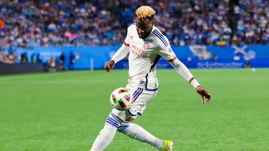 CHARLOTTE, NORTH CAROLINA - MARCH 30: Aaron Boupendza #9 of FC Cincinnati controls the ball during the second half of a soccer match against the Charlotte FC at Bank of America Stadium on March 30, 2024 in Charlotte, North Carolina. (Photo by David Jensen/Getty Images)