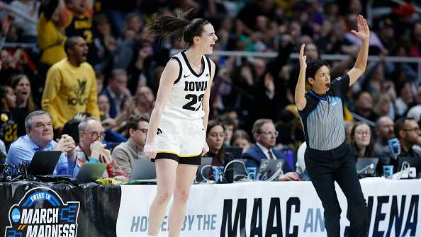 ALBANY, NEW YORK - APRIL 01: Caitlin Clark #22 of the Iowa Hawkeyes reacts during the second half against the LSU Tigers in the Elite 8 round of the NCAA Women's Basketball Tournament at MVP Arena on April 01, 2024 in Albany, New York. (Photo by Sarah Stier/Getty Images)