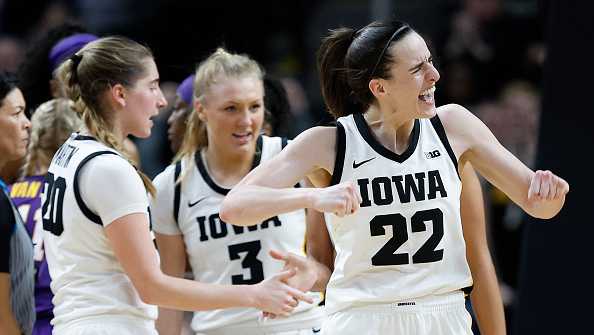 ALBANY, NEW YORK - APRIL 01: Caitlin Clark #22 of the Iowa Hawkeyes celebrates during the second half against the LSU Tigers in the Elite 8 round of the NCAA Women's Basketball Tournament at MVP Arena on April 01, 2024 in Albany, New York. (Photo by Sarah Stier/Getty Images)