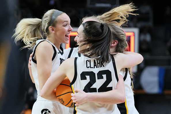 ALBANY,&#x20;NEW&#x20;YORK&#x20;-&#x20;APRIL&#x20;01&#x3A;&#x20;The&#x20;Iowa&#x20;Hawkeyes&#x20;celebrate&#x20;after&#x20;beating&#x20;the&#x20;LSU&#x20;Tigers&#x20;94-87&#x20;in&#x20;the&#x20;Elite&#x20;8&#x20;round&#x20;of&#x20;the&#x20;NCAA&#x20;Women&amp;apos&#x3B;s&#x20;Basketball&#x20;Tournament&#x20;at&#x20;MVP&#x20;Arena&#x20;on&#x20;April&#x20;01,&#x20;2024&#x20;in&#x20;Albany,&#x20;New&#x20;York.&#x20;&#x28;Photo&#x20;by&#x20;Andy&#x20;Lyons&#x2F;Getty&#x20;Images&#x29;