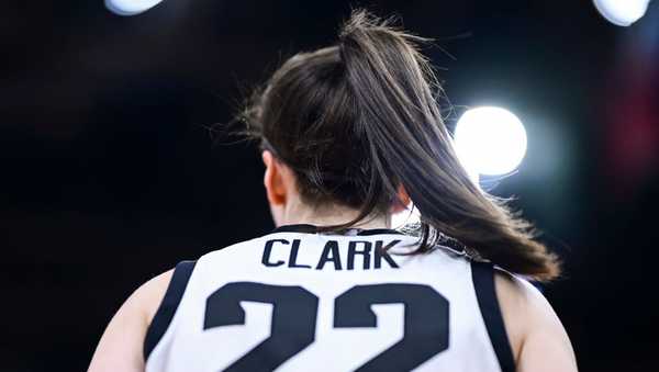 CLEVELAND, OHIO - APRIL 5: Caitlin Clark #22 of the Iowa Hawkeyes looks on against the UConn Huskies during the NCAA Women's Basketball Tournament Final Four semifinal game at Rocket Mortgage Fieldhouse on April 5, 2024 in Cleveland, Ohio. (Photo by Ben Solomon/NCAA Photos via Getty Images)