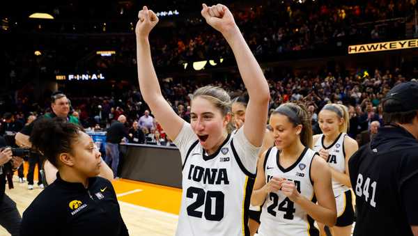 CLEVELAND, OHIO - APRIL 5: Kate Martin #20 of the Iowa Hawkeyes celebrates after the game against the UConn Huskies during the NCAA Women's Basketball Tournament Final Four semifinal game at Rocket Mortgage Fieldhouse on April 5, 2024 in Cleveland, Ohio. (Photo by C. Morgan Engel/NCAA Photos via Getty Images)