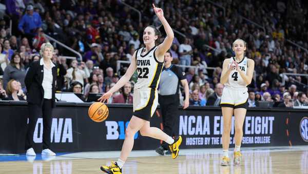 ALBANY, NEW YORK - APRIL 01: Caitlin Clark #22 of the Iowa Hawkeyes celebrates after the win against the LSU Tigers during the finals of the NCAA Women's Basketball Tournament - Albany Regional at MVP Arena on April 01, 2024 in Albany, New York. (Photo by Andy Lyons/Getty Images)