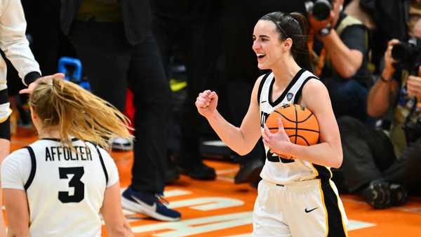 CLEVELAND, OHIO - APRIL 05: Caitlin Clark #22 of the Iowa Hawkeyes reacts after beating the UConn Huskies during the NCAA Women's Basketball Tournament Final Four semifinal game at Rocket Mortgage Fieldhouse on April 05, 2024 in Cleveland, Ohio. Iowa defeated Connecticut 71-69. (Photo by Jason Miller/Getty Images)