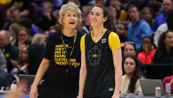 CLEVELAND, OHIO - APRIL 06: Head coach Lisa Bluder speaks to Caitlin Clark #22 of the Iowa Hawkeyes during an open practice session ahead of the 2024 NCAA Women's Basketball Final Four National Championship at Rocket Mortgage Fieldhouse on April 06, 2024 in Cleveland, Ohio. (Photo by Mike Lawrie/Getty Images)