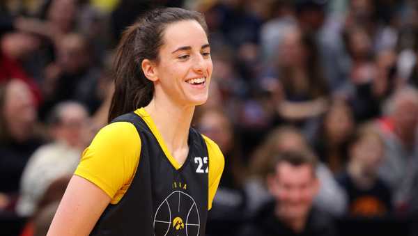 CLEVELAND, OHIO - APRIL 06: Caitlin Clark #22 of the Iowa Hawkeyes looks on during an open practice session ahead of the 2024 NCAA Women's Basketball Final Four National Championship at Rocket Mortgage Fieldhouse on April 06, 2024 in Cleveland, Ohio. (Photo by Mike Lawrie/Getty Images)