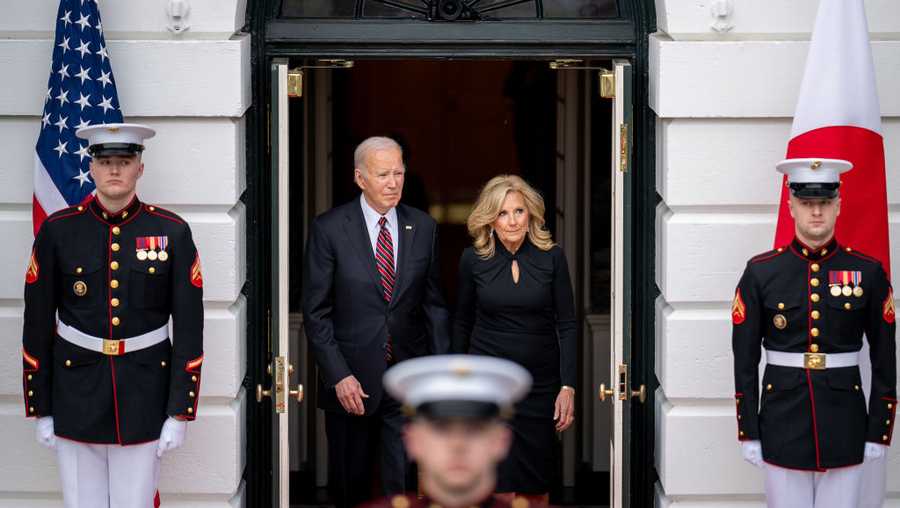 President Joe Biden and First Lady Jill Biden arrive to welcome Japanese Prime Minister Fumio Kishida and his wife Yuko Kishida to the White House on April 9, 2024 in Washington, DC.