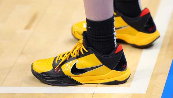 CLEVELAND, OHIO - APRIL 07: A detail view of the Nike Kobe 5 "Bruce Lee" sneakers worn by Caitlin Clark #22 of the Iowa Hawkeyes before a game against the South Carolina Gamecocks the 2024 NCAA Women's Basketball Tournament National Championship at Rocket Mortgage FieldHouse on April 07, 2024 in Cleveland, Ohio. (Photo by Mike Lawrie/Getty Images)