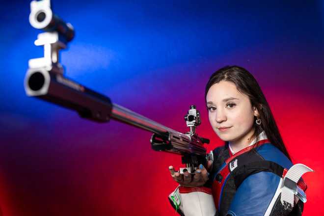 NEW YORK, NEW YORK - APRIL 16: Shooting athlete Mary Tucker poses for a portrait during the 2024 Team USA Media Summit at Marriott Marquis Hotel on April 16, 2024 in New York City. (Photo by Mike Coppola/Getty Images)