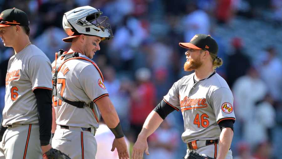 ANAHEIM, CALIFORNIA - APRIL 24: James McCann #27 congratulates Craig Kimbrel #46 of the Baltimore Orioles after the final out of the ninth inning against the Los Angeles Angels at Angel Stadium of Anaheim on April 24, 2024 in Anaheim, California. (Photo by Jayne Kamin-Oncea/Getty Images)
