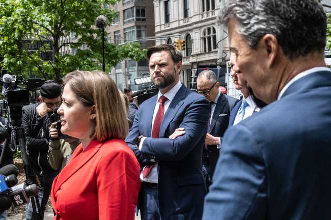 NEW YORK, NEW YORK - MAY 13 Sen. J.D. Vance #x28;R-OH Elected official appears to address outside media in criminal court where former U.S. President Donald Trump is being indicted 's trial in New York City on May 13, 2024. Former US President Donald Trump faces 34 felonies for falsifying business records; heading to first trial in his criminal case. Photo by Stephanie;Keith/Getty Images)