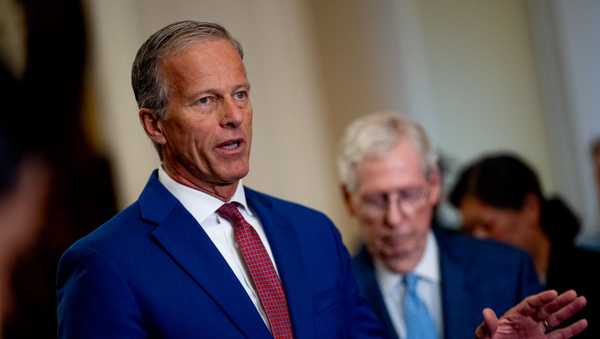 Sen. John Thune (R-SD), accompanied by Senate Minority Leader Mitch McConnell (R-KY) (R), speaks during a news conference following a Senate Republican party policy luncheon on Capitol Hill on May 15, 2024 in Washington, DC.