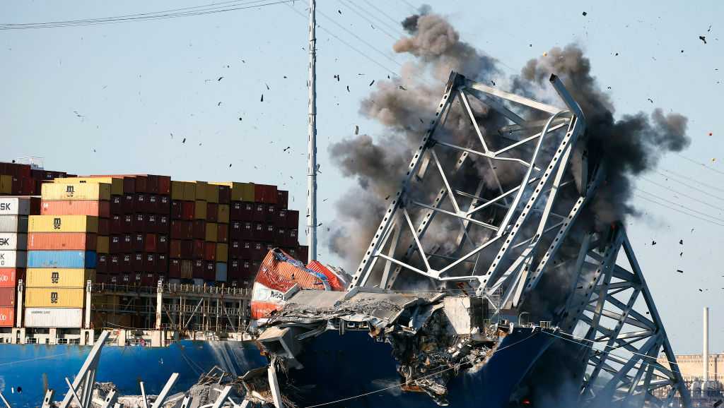 Crews use explosives for controlled demolition of Key Bridge truss