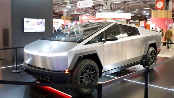 PARIS, FRANCE - MAY 23: A Tesla Cybertruck from U.S. billionaire Elon Musk is displayed during the Viva Technology show at Parc des Expositions Porte de Versailles on May 23, 2024 in Paris, France. Viva Technology, the biggest tech show in Europe but also in a unique digital format, for 4 days of reconnection and relaunch thanks to innovation. The event brings together startups, CEOs, investors, tech leaders and all of the digital transformation players who are shaping the future of the Internet. The annual technology conference, also known as VivaTech, was founded in 2016 by Publicis Groupe and Groupe Les Echos and is dedicated to promoting innovation and startups. (Photo by Chesnot/Getty Images)