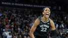 A'ja Wilson #22 of the Las Vegas Aces reacts after making a basket and drawing a foul against the Indiana Fever in the third quarter of their game at Michelob ULTRA Arena on May 25, 2024 in Las Vegas, Nevada. 
