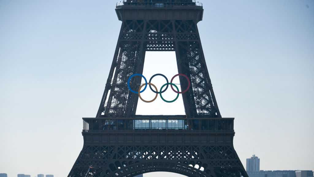 Paris Olympics organizers unveil a display of the five Olympic rings ...