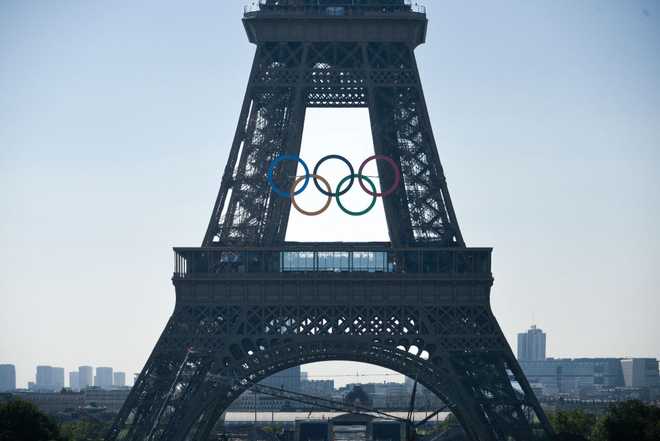 Ahead of the 2024 Paris Olympics, the Olympic rings will be installed on the Eiffel Tower in Paris on June 7, 2024.