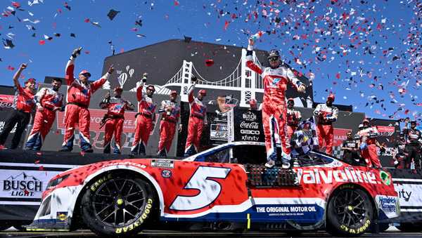 SONOMA, CA - JUNE 09: Kyle Larson (5 Hendrick Motorsports Valvoline Chevrolet) celebrates after winning the NASCAR Cup Series Toyota/Save Mart 350 Sunday June 9, 2024 at Sonoma Raceway in Sonoma, CA. (Photo by Will Lester/Icon Sportswire via Getty Images)