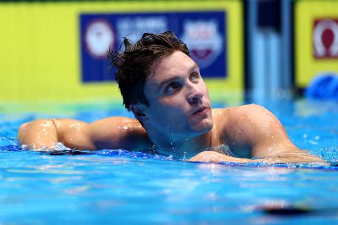 INDIANAPOLIS, INDIANA - JUNE 23: Bobby Finke of the United States looks on after the Men&amp;apos;s 1500m freestyle final on Day Nine of the 2024 U.S. Olympic Team Swimming Trials at Lucas Oil Stadium on June 23, 2024 in Indianapolis, Indiana. (Photo by Sarah Stier/Getty Images)