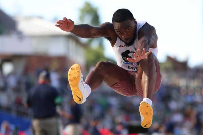 EUGENE, OREGON - JUNE 24: Jeremiah Davis competes in the men&amp;apos;s long jump final on Day Four of the 2024 U.S. Olympic Team Track &amp;amp; Field Trials at Hayward Field on June 24, 2024 in Eugene, Oregon. (Photo by Patrick Smith/Getty Images)