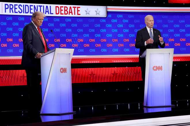 ATLANTA, GEORGIA - JUNE 27: U.S. President Joe Biden (R) and Republican presidential candidate, former U.S. President Donald Trump participate in the CNN Presidential Debate at the CNN Studios on June 27, 2024 in Atlanta, Georgia. President Biden and former President Trump are facing off in the first presidential debate of the 2024 campaign. (Photo by Justin Sullivan/Getty Images)