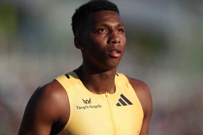 EUGENE, OREGON - JUNE 28: Erriyon Knighton reacts after competing in the men&amp;apos;s 200 meter semi-final on Day Eight of the 2024 U.S. Olympic Team Track &amp;amp; Field Trials at Hayward Field on June 28, 2024 in Eugene, Oregon. (Photo by Patrick Smith/Getty Images)
