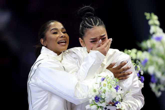 MINNEAPOLIS,&#x20;MINNESOTA&#x20;-&#x20;JUNE&#x20;30&#x3A;&#x20;Jordan&#x20;Chiles&#x20;and&#x20;Suni&#x20;Lee&#x20;react&#x20;after&#x20;being&#x20;selected&#x20;for&#x20;the&#x20;2024&#x20;U.S.&#x20;Olympic&#x20;Women&amp;apos&#x3B;s&#x20;Gymnastics&#x20;Team&#x20;on&#x20;Day&#x20;Four&#x20;of&#x20;the&#x20;2024&#x20;U.S.&#x20;Olympic&#x20;Team&#x20;Gymnastics&#x20;Trials&#x20;at&#x20;Target&#x20;Center&#x20;on&#x20;June&#x20;30,&#x20;2024&#x20;in&#x20;Minneapolis,&#x20;Minnesota.&#x20;&#x28;Photo&#x20;by&#x20;Elsa&#x2F;Getty&#x20;Images&#x29;