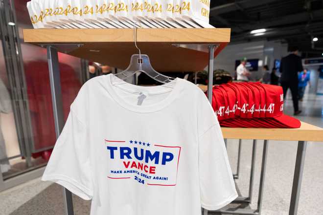UNITED STATES - JULY 16: A Trump Vance tshirt hangs on  a rack at a RNC store inside the Fiserv Forum at the Republican National Convention in Milwaukee on Tuesday, July 16, 2024. (Bill Clark/CQ-Roll Call, Inc via Getty Images)