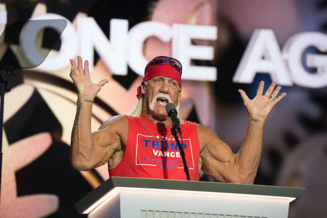 MILWAUKEE,&#x20;WISCONSIN&#x20;-&#x20;JULY&#x20;18&#x3A;&#x20;Hulk&#x20;Hogan,&#x20;former&#x20;professional&#x20;wrestler,&#x20;speaks&#x20;during&#x20;the&#x20;Republican&#x20;National&#x20;Convention&#x20;&#x28;RNC&#x29;&#x20;at&#x20;the&#x20;Fiserv&#x20;Forum&#x20;in&#x20;Milwaukee,&#x20;Wisconsin,&#x20;US,&#x20;on&#x20;Thursday,&#x20;July&#x20;18,&#x20;2024.&#x20;&#x28;Photo&#x20;by&#x20;Jacek&#x20;Boczarski&#x2F;Anadolu&#x20;via&#x20;Getty&#x20;Images&#x29;