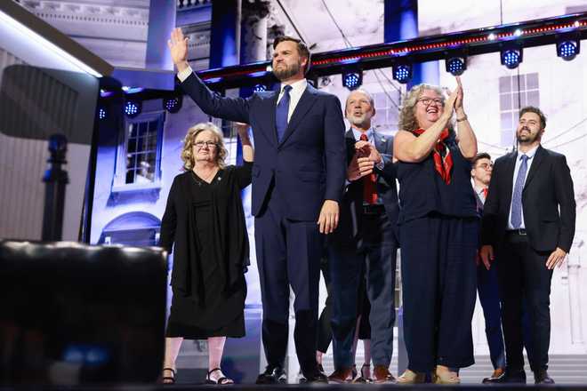 MILWAUKEE, WISCONSIN - JULY 17:  Republican vice presidential candidate, U.S. Sen. J.D. Vance (R-OH) is joined on stage with his family on the third day of the Republican National Convention at the Fiserv Forum on July 17, 2024 in Milwaukee, Wisconsin. Delegates, politicians, and the Republican faithful are in Milwaukee for the annual convention, concluding with former President Donald Trump accepting his party&apos;s presidential nomination. The RNC takes place from July 15-18.  (Photo by Joe Raedle/Getty Images)