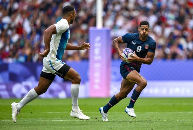 Paris , France - 24 July 2024; Malacchi Esdale of Team United States during the Men&amp;apos;s Rugby Sevens Pool C match between Team France and Team USA at the Stade de France during the 2024 Paris Summer Olympic Games in Paris, France. (Photo By Stephen McCarthy/Sportsfile via Getty Images)
