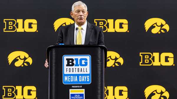 INDIANAPOLIS, INDIANA - JULY 24: Head coach Kirk Ferentz of the Iowa Hawkeyes speaks to the media during Big Ten football media days at Lucas Oil Stadium on July 24, 2024 in Indianapolis, Indiana. (Photo by Michael Hickey/Getty Images)