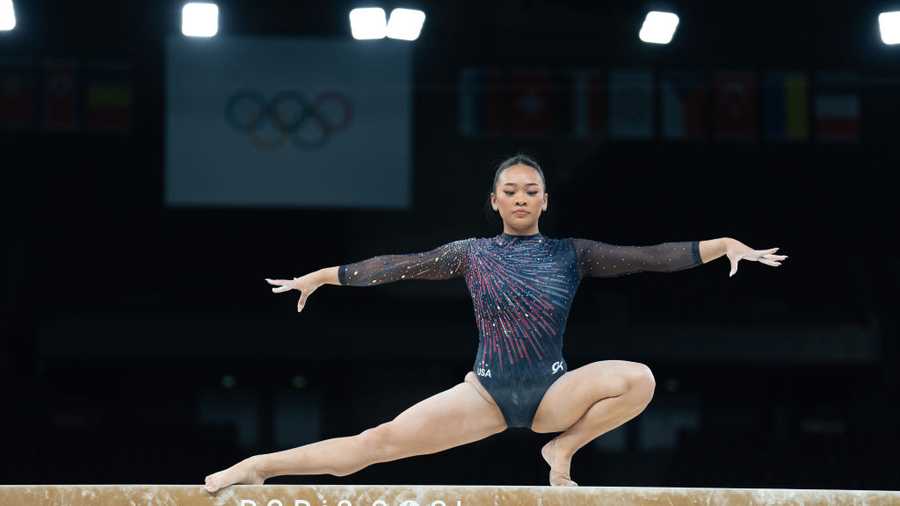 Paris 2024 Olympics PARIS, FRANCE - JULY 25: United States women's gymnastics team participate in the podium training at the Bercy Arena, prior to the Paris 2024 Olympic Games, in Paris, France on July 25, 2024. (Photo by Aytac Unal/Anadolu via Getty Images)