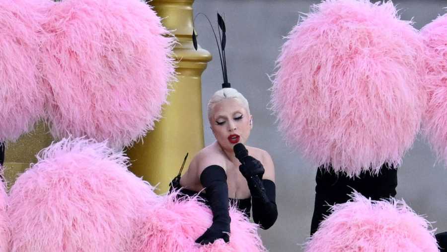 26 July 2024, France, Paris: Olympia, Paris 2024, opening ceremony of the Summer Olympics, singer Lady Gaga performs before the opening ceremony. Photo: Sina Schuldt/dpa (Photo by Sina Schuldt/picture alliance via Getty Images)