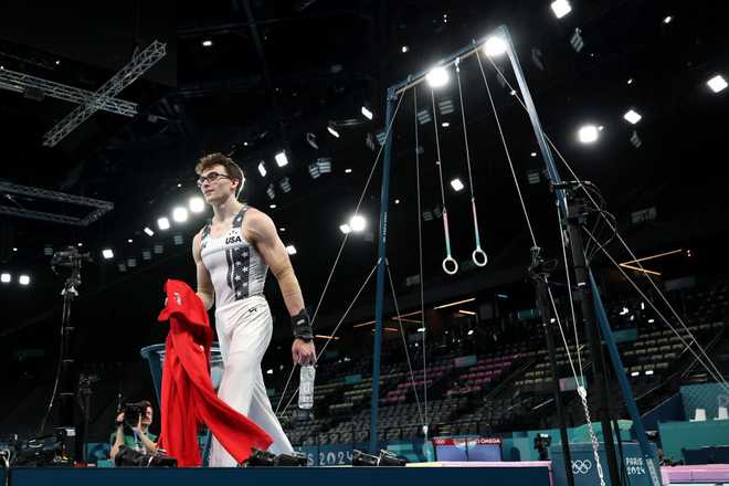 PARIS, FRANCE - JULY 24: Stephen Nedoroscik of Team United States looks on during a Gymnastics training session ahead of the Paris 2024 Olympic Games on July 24, 2024 in Paris, France. (Photo by Naomi Baker/Getty Images)
