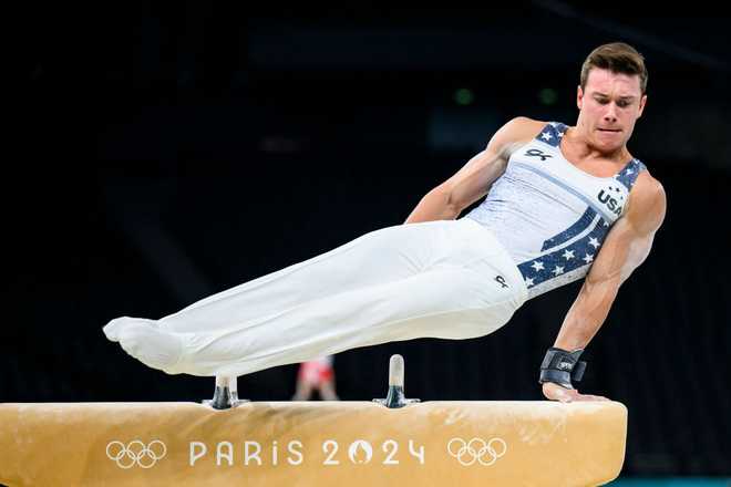 PARIS, FRANCE - JULY 24: Brody Malone of Team United States trains on the pommel horse during a Gymnastics training session ahead of the Paris 2024 Olympics Games on July 24, 2024 in Paris, France. (Photo by Tom Weller/VOIGT/GettyImages)