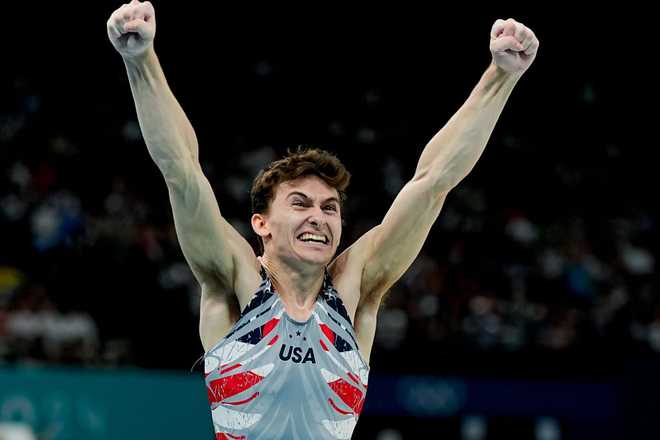 Stephen&#x20;Nedoroscik&#x20;of&#x20;United&#x20;States&#x20;celebrates&#x20;his&#x20;performance&#x20;on&#x20;Pommel&#x20;Horse&#x20;during&#x20;the&#x20;Men&#x27;s&#x20;Artistic&#x20;Gymnastics&#x20;Team&#x20;Final&#x20;on&#x20;day&#x20;three&#x20;of&#x20;the&#x20;Olympic&#x20;Games&#x20;Paris&#x20;2024&#x20;at&#x20;Bercy&#x20;Arena&#x20;on&#x20;July&#x20;29,&#x20;2024&#x20;in&#x20;Paris