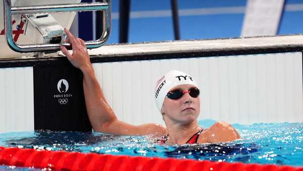 Katie Ledecky after the Women's 1500m Freestyle heats at the Paris La Defense Arena on the fourth day of the 2024 Paris Olympic Games in France