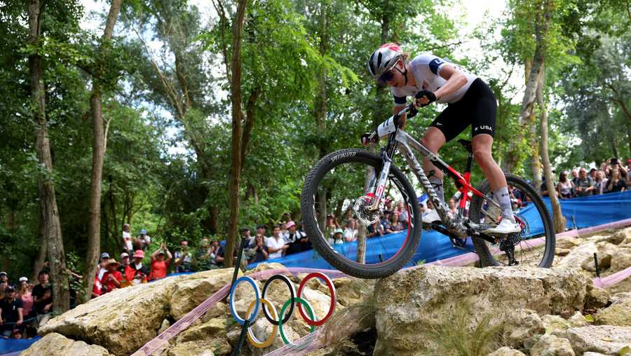 ELANCOURT, FRANCE - JULY 28: Haley Batten of Team United States competes during the Women’s Cross-Country Cycling Mountain Bike Gold Medal race on day two of the Olympic Games Paris 2024 at Elancourt Hill on July 28, 2024 in Elancourt, France. (Photo by Alex Broadway/Getty Images)