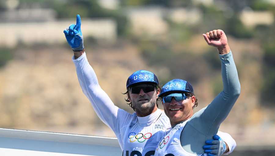 MARSEILLE, FRANCE - AUGUST 02: Ian Barrows and Hans Henken of Team United States celebrate bronze in the Men&apos;s Skiff 49erFX class medal race on day seven of the Olympic Games Paris 2024 at Marseille Marina on August 02, 2024 in Marseille, France. (Photo by Clive Mason/Getty Images)