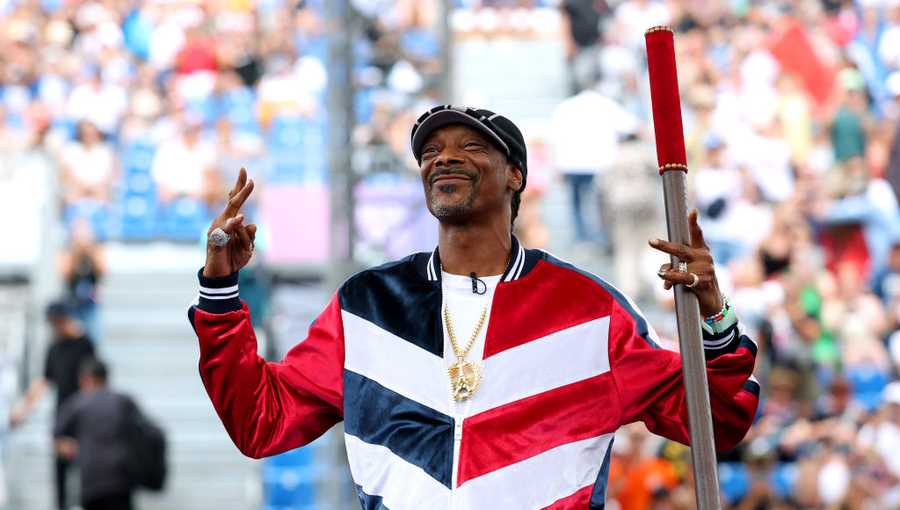 Snoop Dogg, performs the Coup de Baton ceremony prior to the Breaking Competition on day fourteen of the Olympic Games Paris 2024 at Place de la Concorde on August 09, 2024 in Paris, France. (Photo by Elsa/Getty Images)
