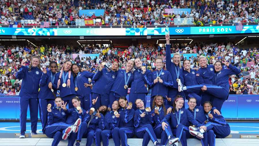 Gold Medalists of Team United States pose on the podium during the Gold Medal Ceremony after the Women's Gold Medal match during the Olympic Games Paris 2024 at Parc des Princes on August 10, 2024 in Paris, France.